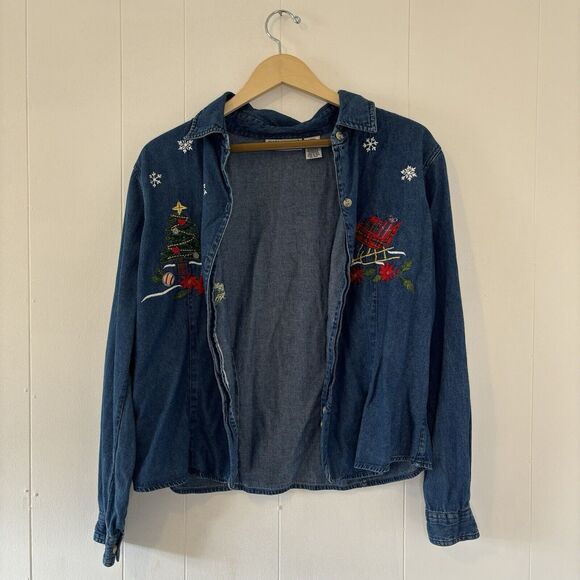 Cabin Creek Womens Denim Button Shirt Embroidered Nutcracker Christmas Large - Picture 4 of 10